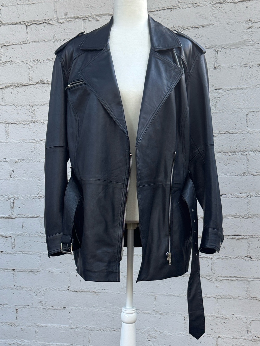 ✨RARE✨ Nasty Gal Collection Leather Oversized Moto Jacket Trench Coat Size 4 - Picture 6 of 10